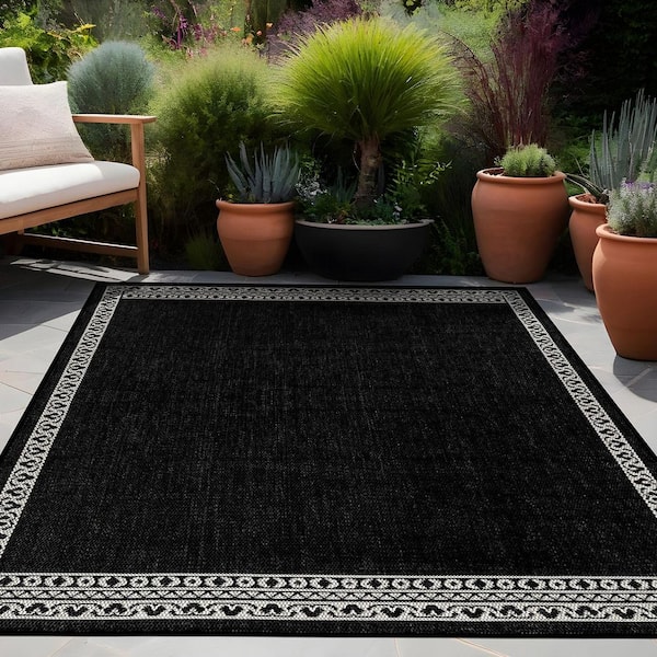 Frame Black 5 ft. x 7 ft. Geometric Bordered Washable Indoor Outdoor Area Rug