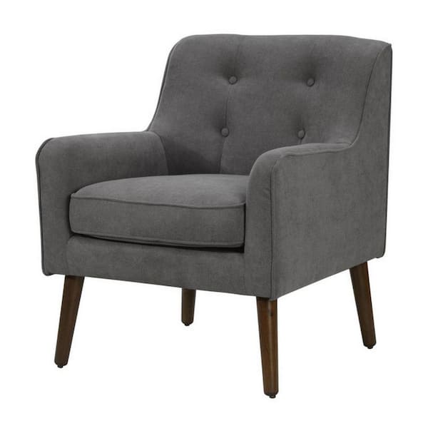 Benjara Gray Fabric Angled Wood Legs Button Tufted Accent Chair