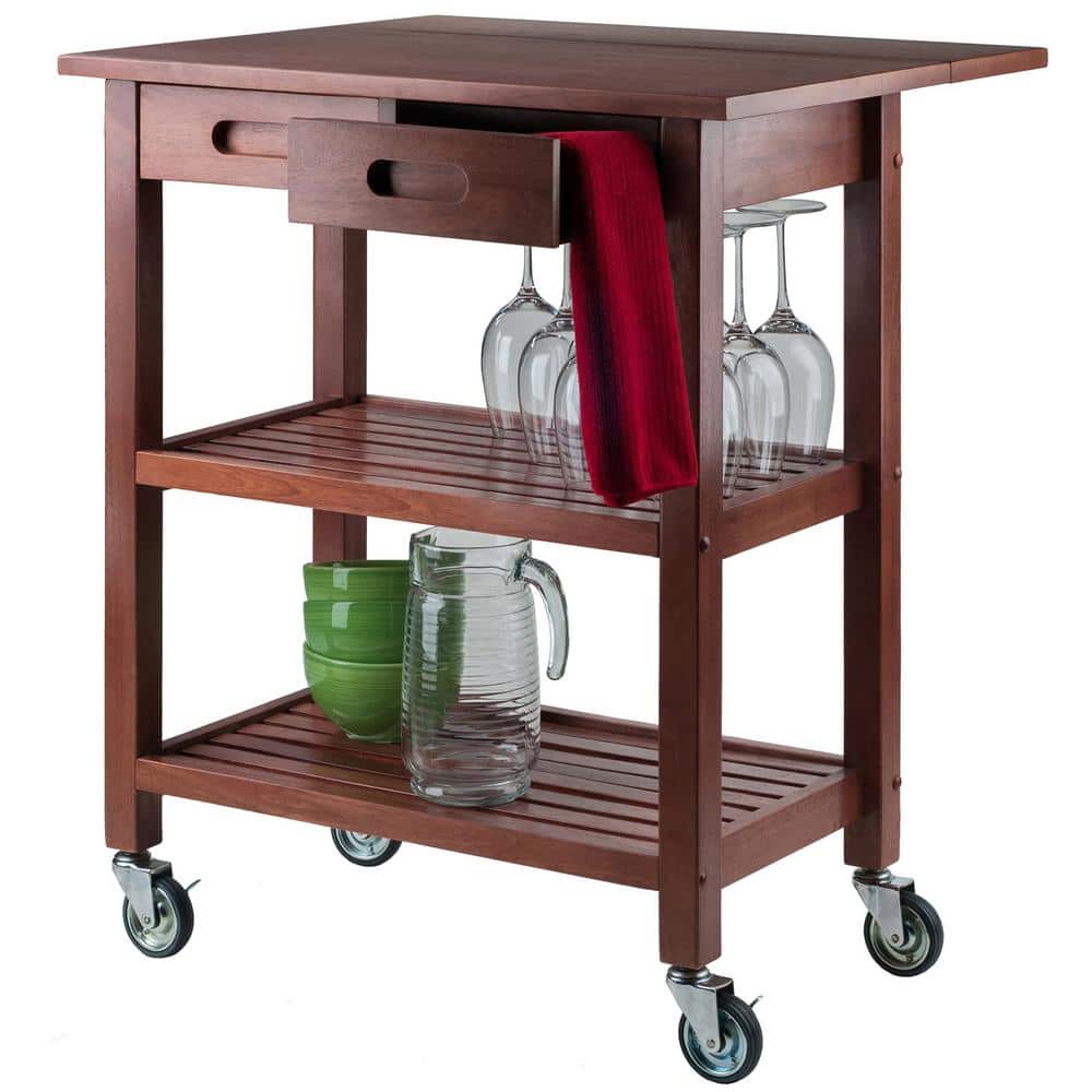 Transitional Walnut Kitchen Cart with Drop Leaf and Storage