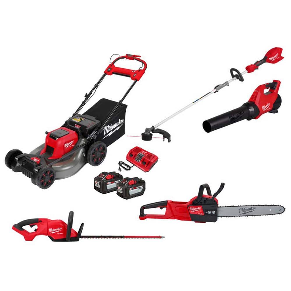 Milwaukee M18 FUEL Brushless 21 in. Self-Propelled Mower w/ String Trimmer, Blower, Hedger, Chainsaw, (2) 12Ah Batteries, Charger 2823-22HD-3016-20ST-301720-303320-272720 - The Home Depot