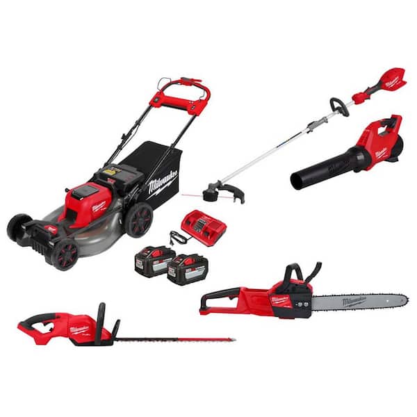 M18 FUEL Brushless 21 in. Self-Propelled Mower w/ String Trimmer, Blower, Hedger, Chainsaw, (2) 12Ah Batteries, Charger