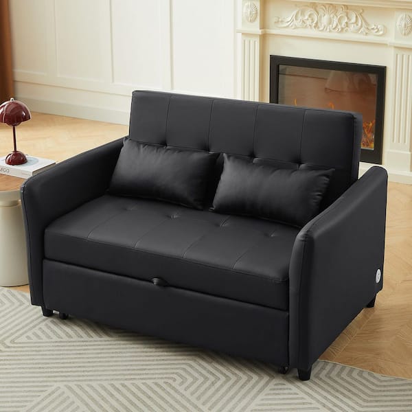 Alvo Modern 51.57 in. Black Tufted PU Faux Leather Upholstered Twin Size Sleeper Sofa Bed with Pillows and USB Ports