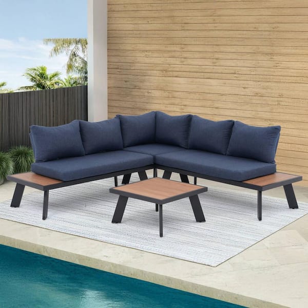 4-Piece Aluminum Outdoor L-Shaped Sectional Sofa Set with Wood Grain Top Coffee Table, Blue Cushion