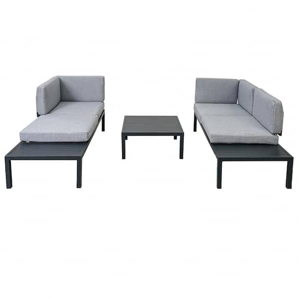 FORCLOVER 3-Piece Aluminum Outdoor Sectional Set with Gray Cushions and End Table