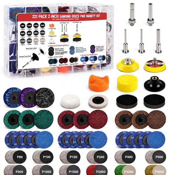 221 Piece 2 in. Die Grinder Sanding Discs Kit with 1/4 in. Roll Lock for Surface Conditioning, Sanding, Polishing