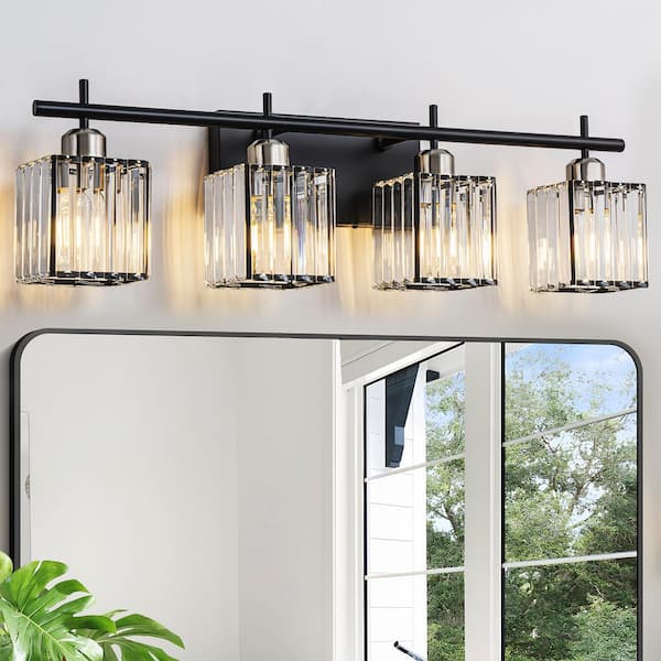 28.15 in. 4-Light Black and Nickel Modern/Contemporary Clear Crystal Shade Bathroom Vanity Light