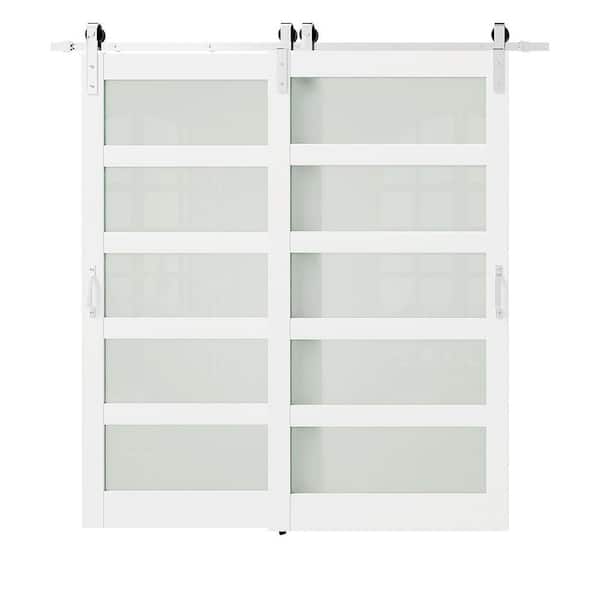 84 in. x 84 in. Frosted Glass, Double 5-Lites, White, MDF, Brushed Nickel Bypass Sliding Barn Door with Hardware Kit