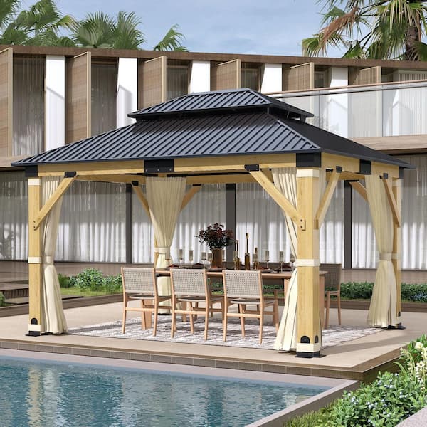 COVERONICS 11 ft. x 13 ft. Outdoor Patio Wood Frame Gazebo, Double Galvanized Steel Roof Hardtop Gazebos with Netting and Curtains