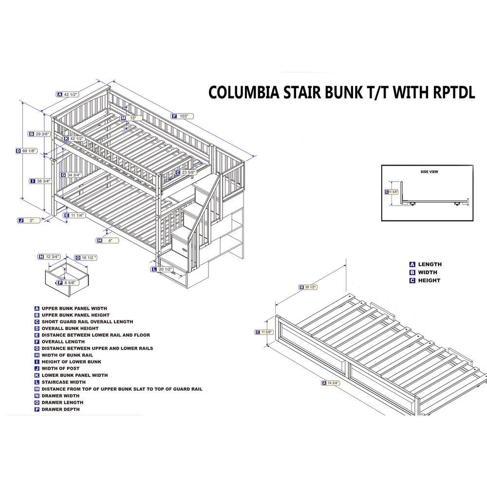 White Twin Over Twin Wood Bunk Bed with Trundle and Storage