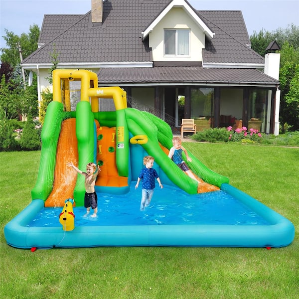 Inflatable Water Park Bounce House with Climbing Wall 2-Slides and Splash Pool