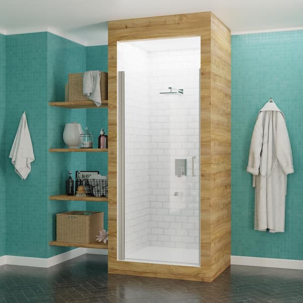 Lancer Series 23.4 in. x 72 in. H Hinged Frameless Shower Door in Brushed Nickel with Tsunami Guard Tempered Glass