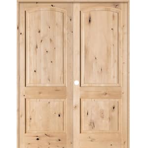 64 in. x 96 in. Rustic Knotty Alder 2-Panel Arch Top Right Handed Solid Core Wood Double Prehung Interior French Door