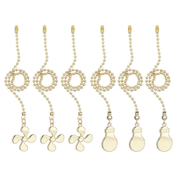 13.78 in Gold Beaded Ceiling Fan Pull Chain Extender Set with Fan and Bulb Charms, Alloy, 6 Piece Inch