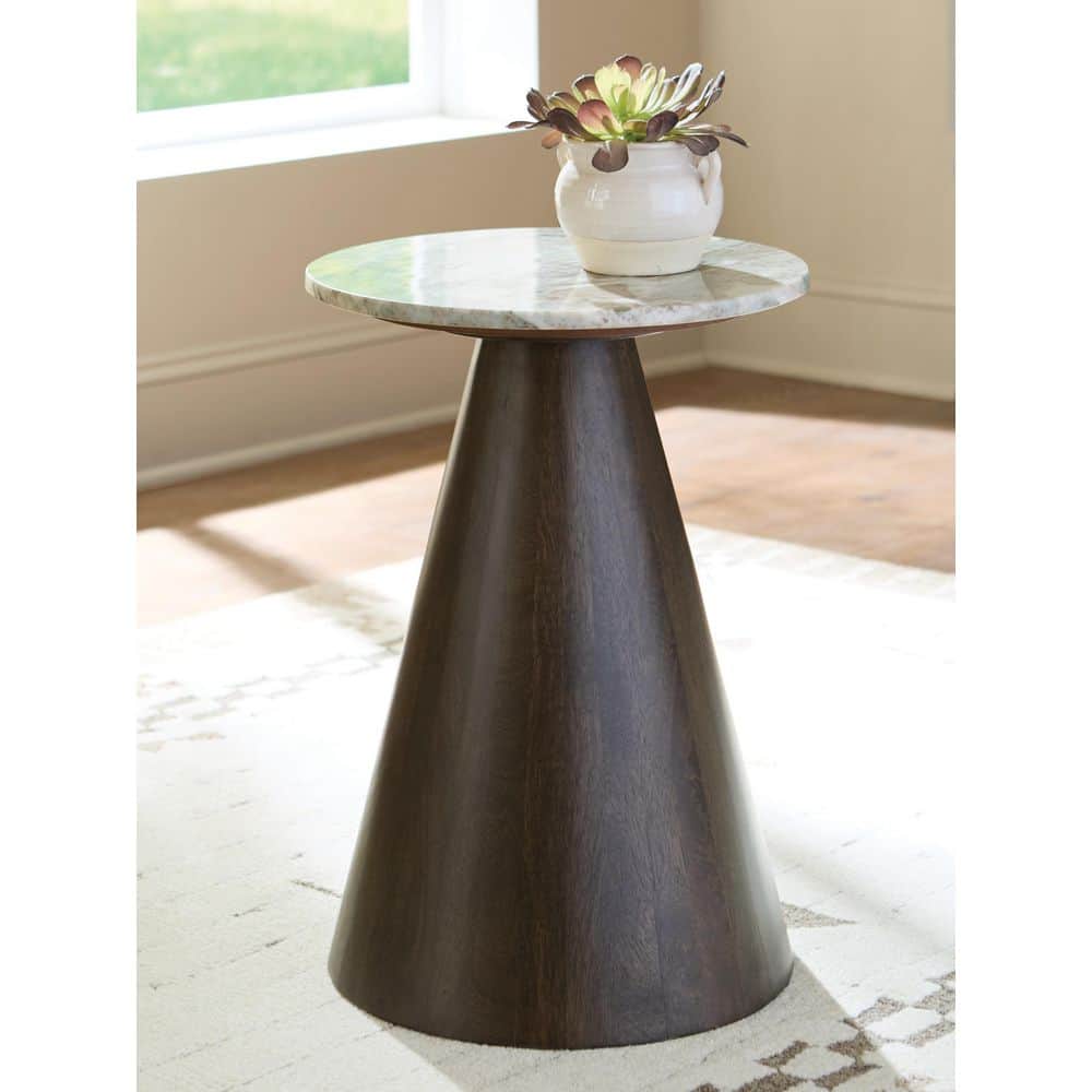 Waltnor 15 in. Gray/Dark Brown Round Marble End Table with Pedestal Base