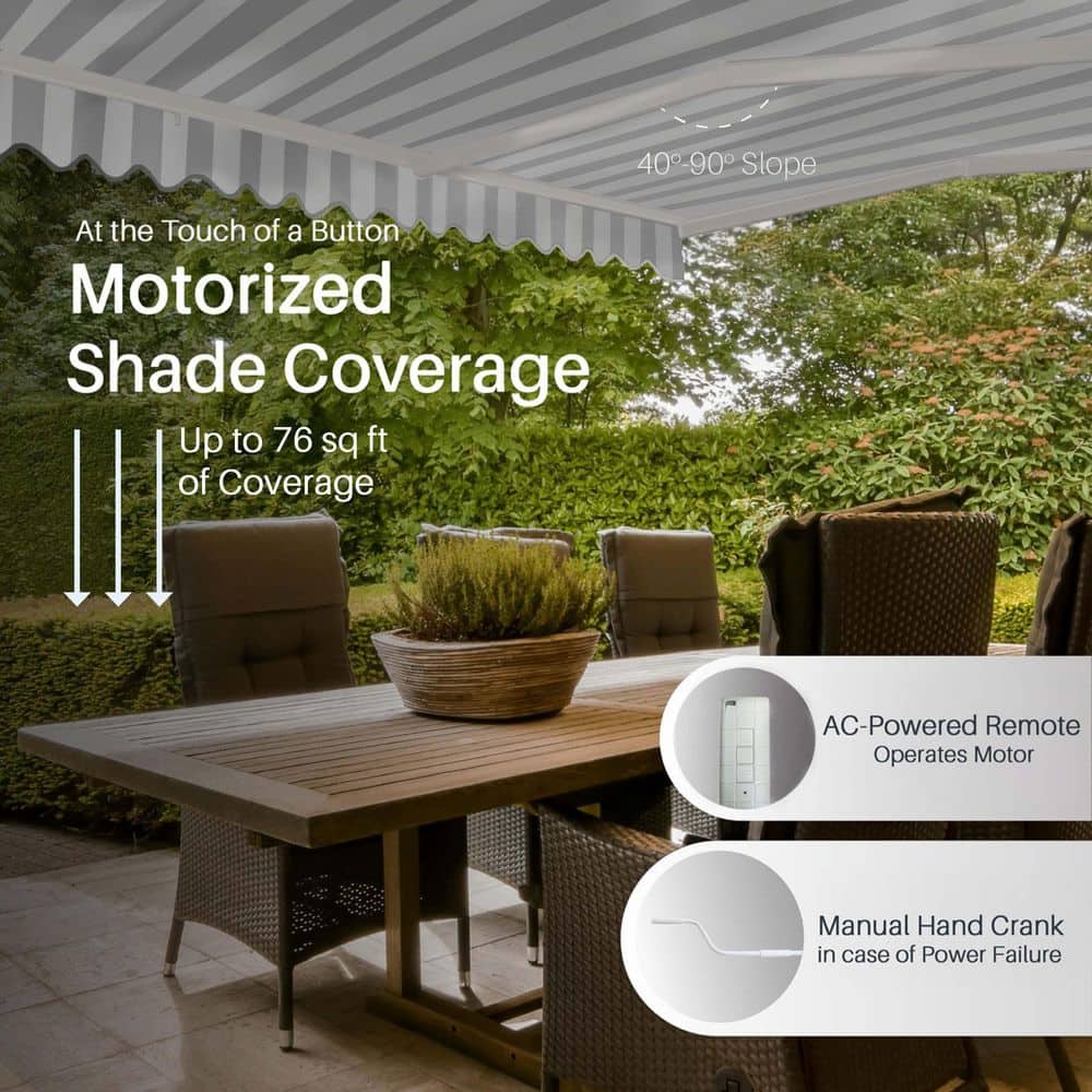 Gray and White Striped Motorized Retractable Patio Awning, 10' x 8'
