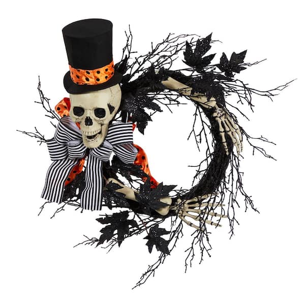 Nearly Natural 26 in. Black Dapper Skeleton Halloween Wreath