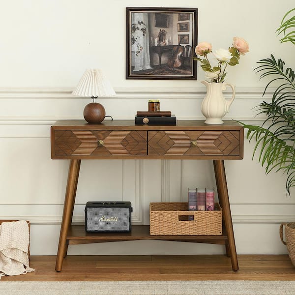 39.01 in. Brown Rectangle MDF Console Table with 2-Drawers