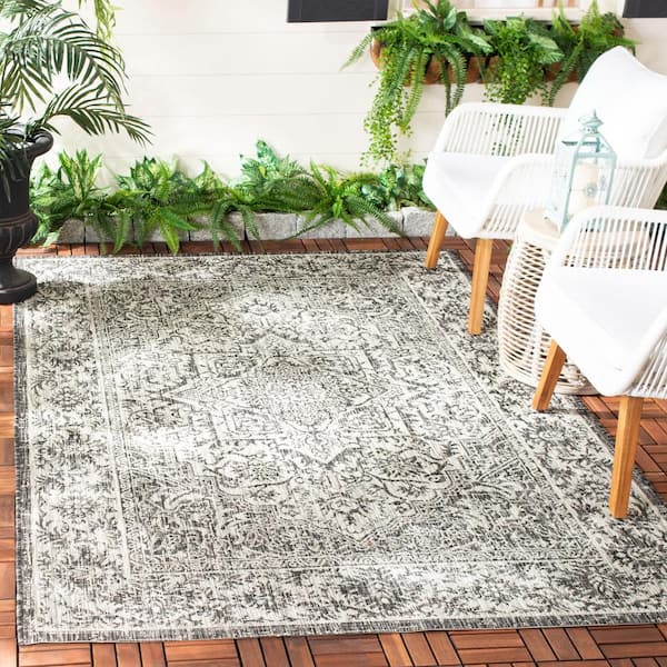 Courtyard Slate/Gray 7 ft. x 10 ft. Floral Oriental Border Indoor/Outdoor Area Rug