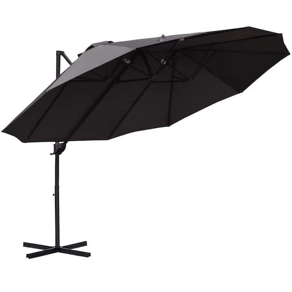 FIROMO Patio Umbrella 14' Steel Rectangular Outdoor Double Sided Market with base Sun Protection and Easy Crank, for Pool, Gray
