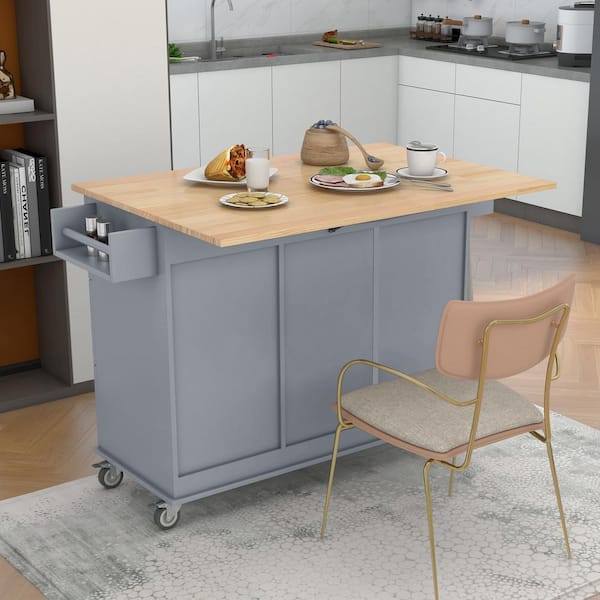 Runesay Gray Blue Rolling Mobile Kitchen Island with Solid Wood Top and Locking Wheels Storage Cabinet Drop Leaf Breakfast Bar