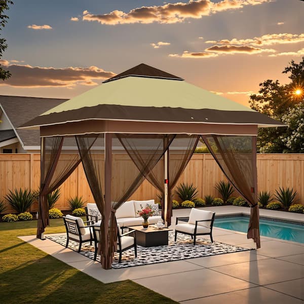 10 ft. x 10 ft. Patio Gazebo Sun Shade Canopy Tent with 4-Sandbags, Khaki