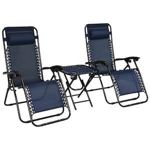 3-Piece Steel Quick-Dry Fabric Foldable Zero Gravity Reclining Outdoor Lounge Chair Table Set in Navy Blue