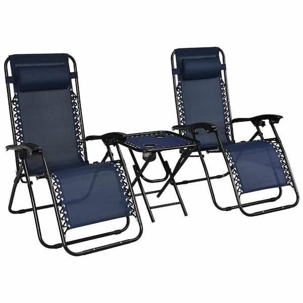 ANGELES HOME 3-Piece Steel Quick-Dry Fabric Foldable Zero Gravity Reclining Outdoor Lounge Chair Table Set in Navy Blue