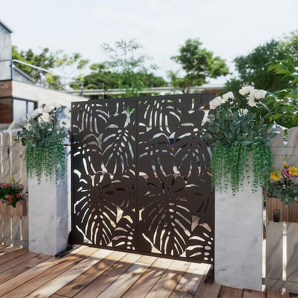 6 ft. x 4 ft. Privacy Fence Screen Black Galvanized Metal for Garden Fence in Floral Pattern