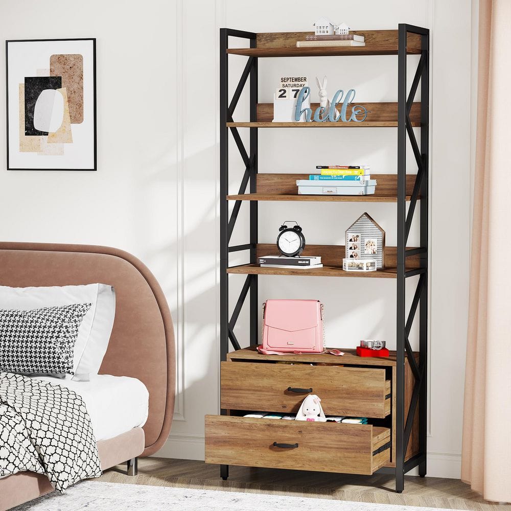 Eulas 2-Pieces 70.9 in. Tall Brown Wood Bookshelf with 2 Drawers, 5-Tier Open Bookcase Display Shelf with Metal Frame