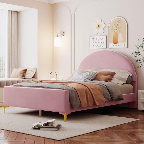 Polibi Pink Wood Frame Full Size Velvet Platform Bed with Semi-Circle Shaped headboard and Mental Legs