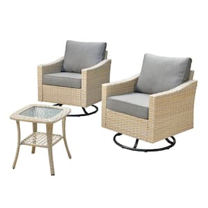 Oconee Beige 3-Piece Wicker Outdoor Patio Conversation Swivel Rocking Chair Set with Dark Gray Cushions
