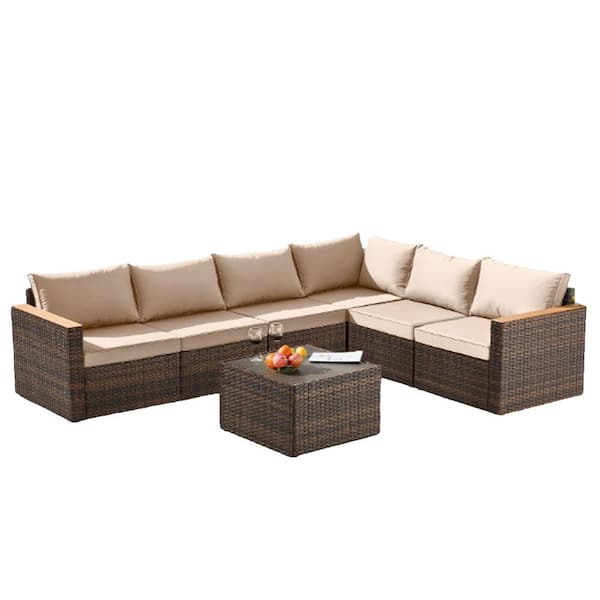 Sudzendf 6-Pieces Outdoor Wicker Sofa Set, Patio Furniture sofa set, with khaki Cushions