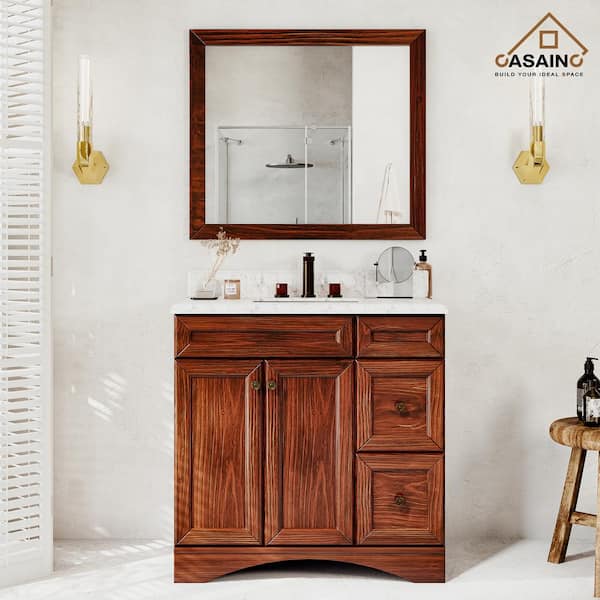 CASAINC 36 in. W x 22 in. D x 35.4 in. H Freestanding Bath Vanity in Traditional Brown with Carrara Marble Top [Free Faucet]