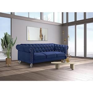 New Classic Furniture Emma 81 in. Rolled Arm Polyester Rectangle Sofa in Royal Blue