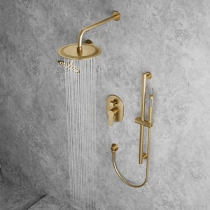 3-Spray Patterns Round Fixed Shower Head 10, 6 in. with Wall Mount Dual Shower Heads in Brushed Gold
