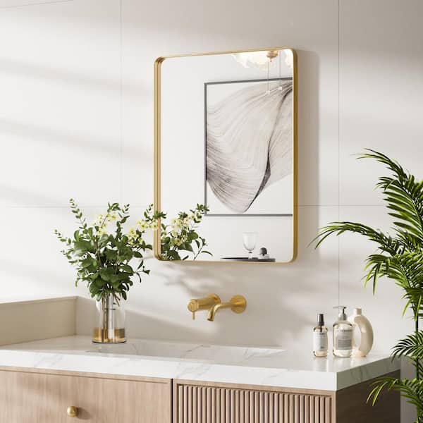 16 in. W x 24 in. H Small Modern Rectangle Stainless Steel Framed Bathroom Vainty Mirror Brushed Gold