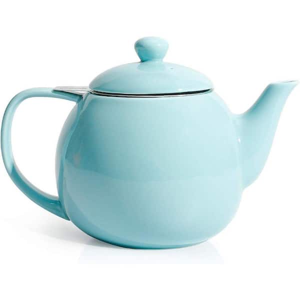 2-Cup Turquoise Classic Style Porcelain Stainless Steel Infuser Dishwasher Safe Teapot with Silicone Lid Seal