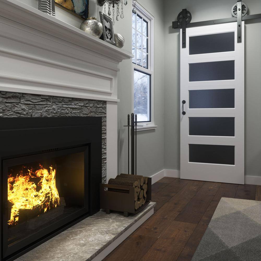 96-inch White Prefinished Solid Wood Core Barn Door with Frosted Glass