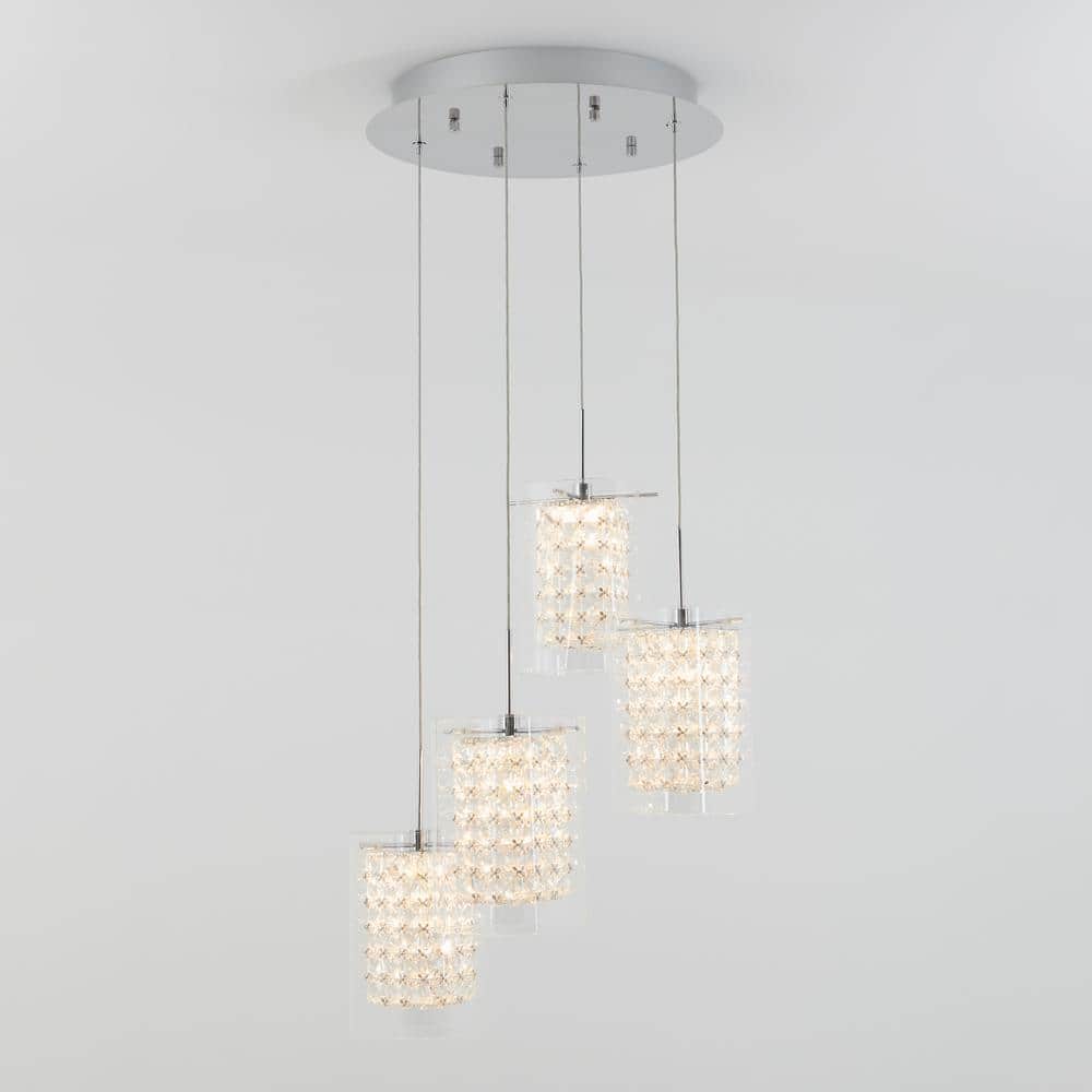 Crystal Cube 4-Light Chrome LED Pendant with Clear Glass Shades