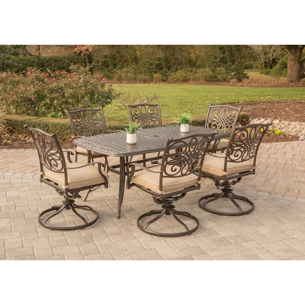 Hanover Traditions 7 Piece Aluminum, Outdoor Patio Table And Swivel Chairs