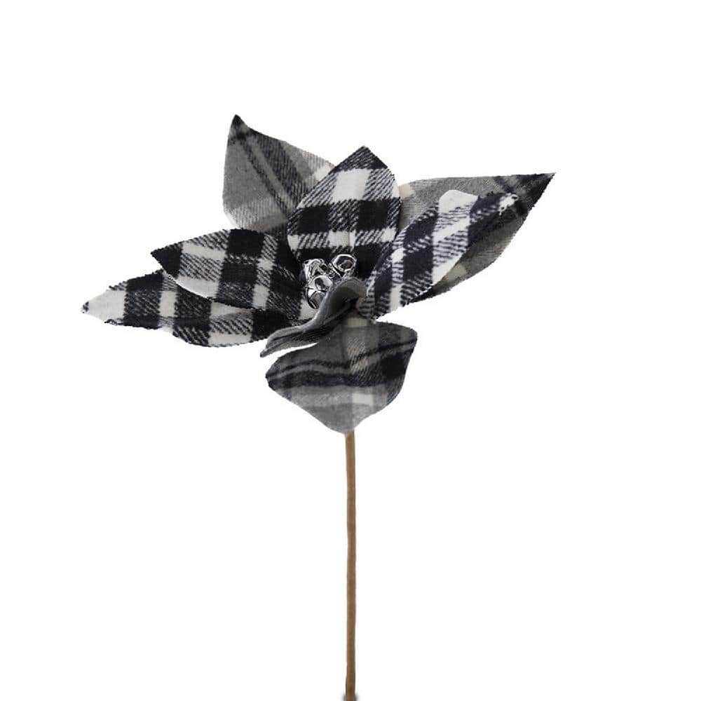 13" Black and White Plaid Poinsettia Stems Set of 12