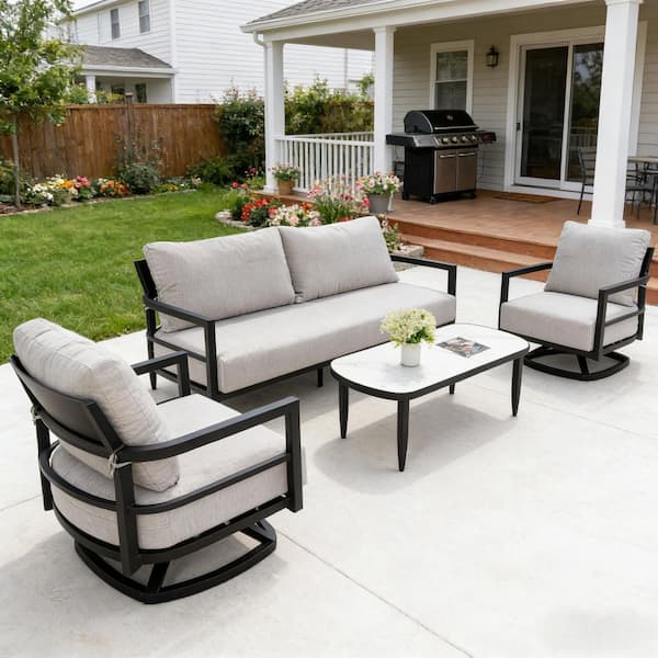 4-Piece Aluminum Outdoor Sectional Set with Cast Silver Cushions, 2 360° Swivel Chairs, Bench Seat Sofa, Coffee Table