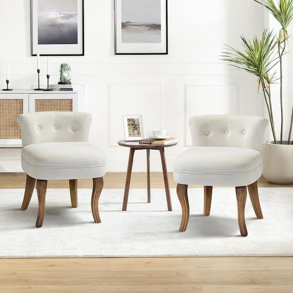 JAYDEN CREATION Nila Ivory Vanity Velvet Upholstered Stool Chairs with Solid Wooden Legs (Set of 2)