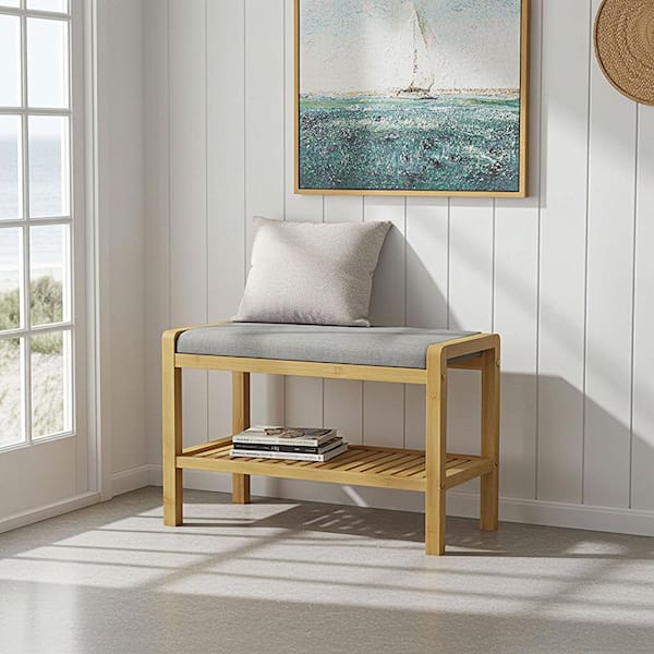 Eccostyle Natural Solid Wood Bamboo Padded Entryway Bench