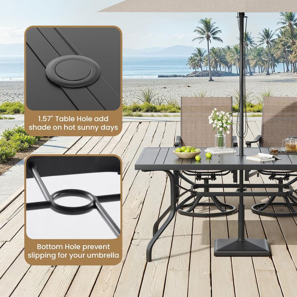 Detail of the umbrella hole and bottom support ring on the black metal table.