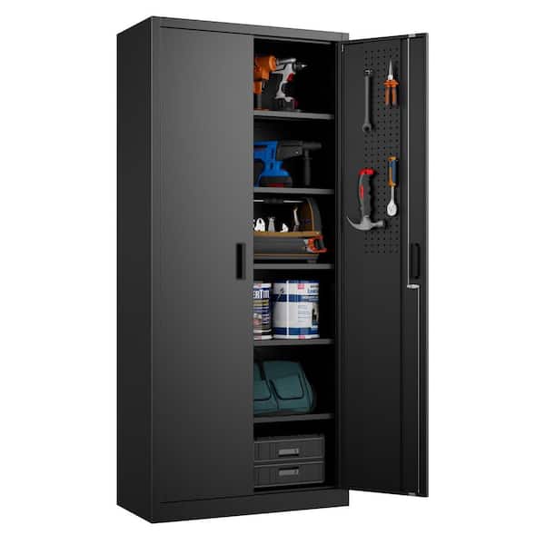 71 in. H x 32 in.W x 16 in. D Metal Garage Storage Freestanding Cabinet with Pegboards, Shelves, Hooks in Black and Gray