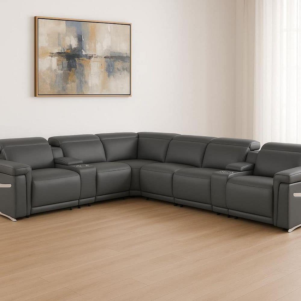 HomeRoots 151.00 in. Flared Arm 8 piece Leather L-Shaped Sectional