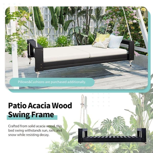 翔ページ Black 86 in. 2-Person Wood Porch Swing, Modern Twin Size Patio