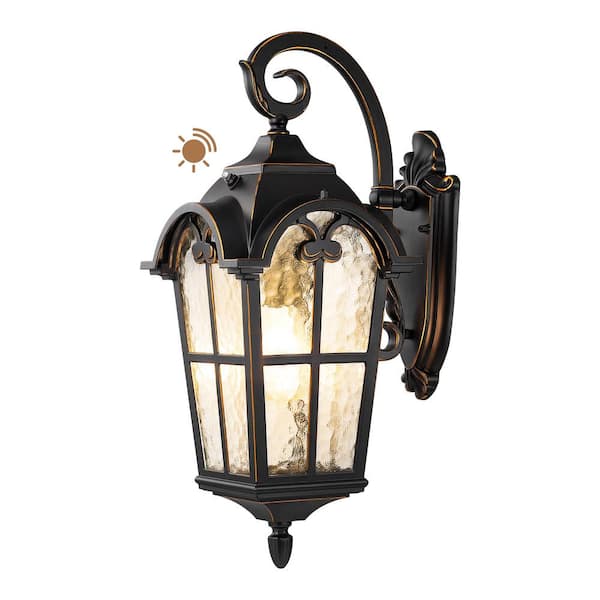 EDISHINE Plus Size 20.4 in. Black and Gold Trim Large Dusk to Dawn Outdoor Wall Lantern Sconce Light with No Bulbs Included
