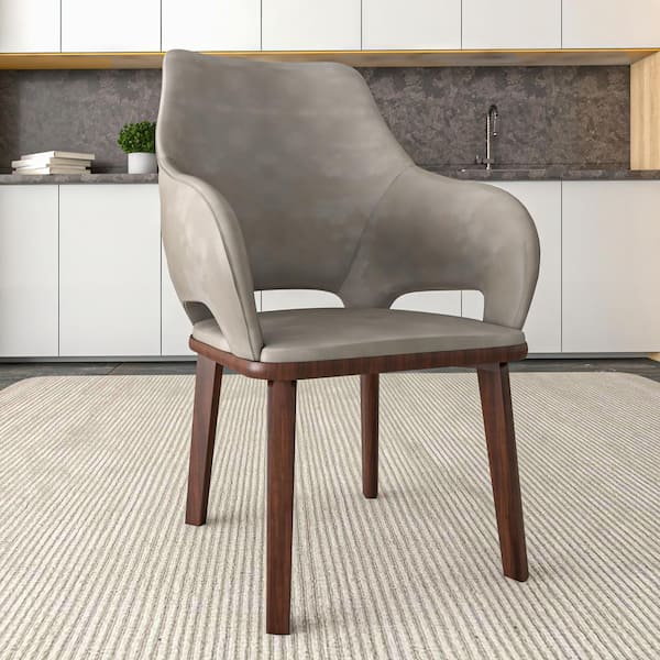 Leisuremod Dining Chair Upholstered in Leather with Rubberwood Base Vivara Set of 2 in Grey